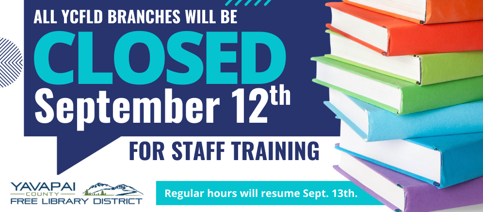 (text) "Closed September 12th for Staff Day Training" placed next to an image of stacked books. 