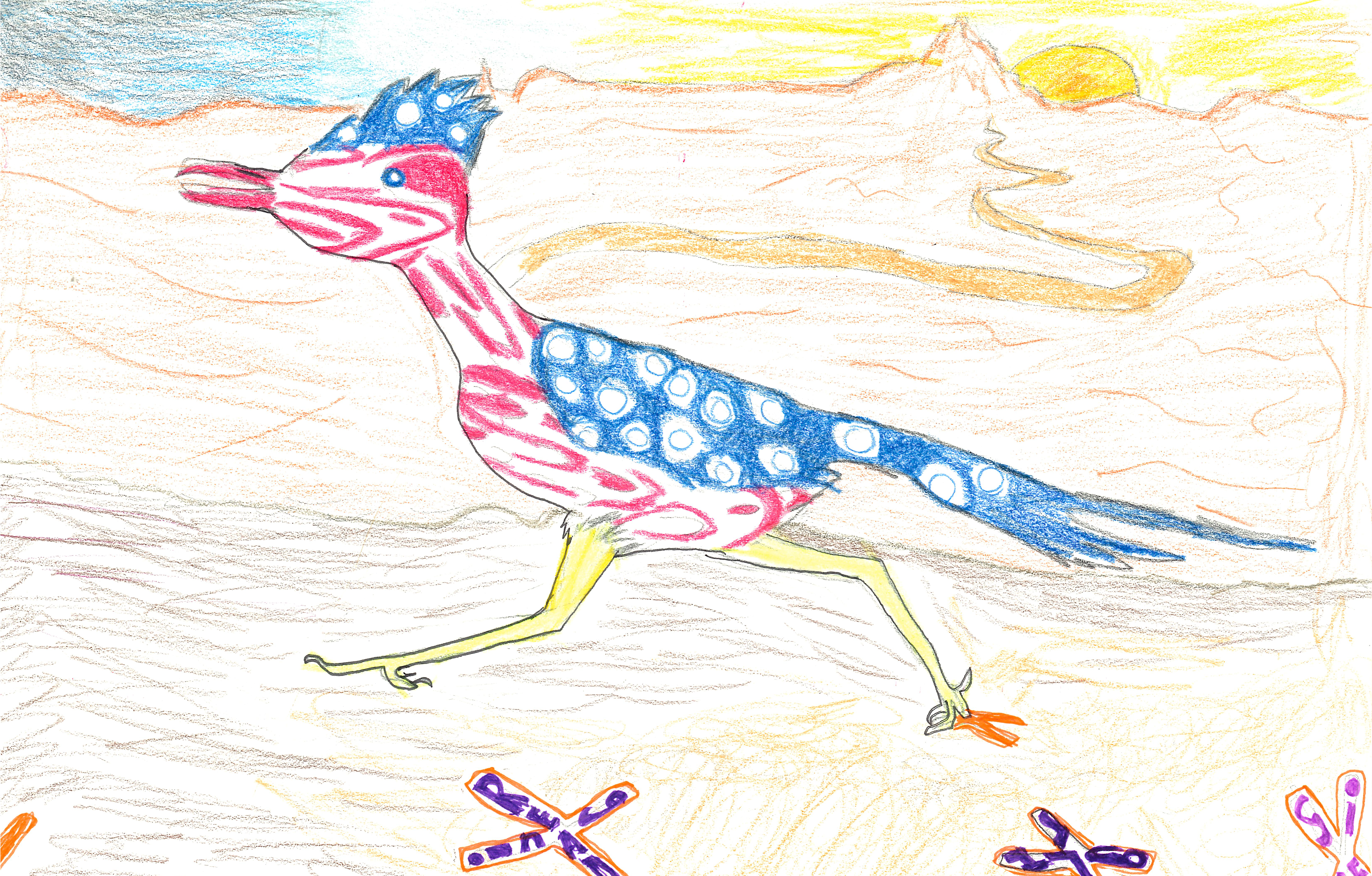 red white and blue roadrunner bird running through a desert scene