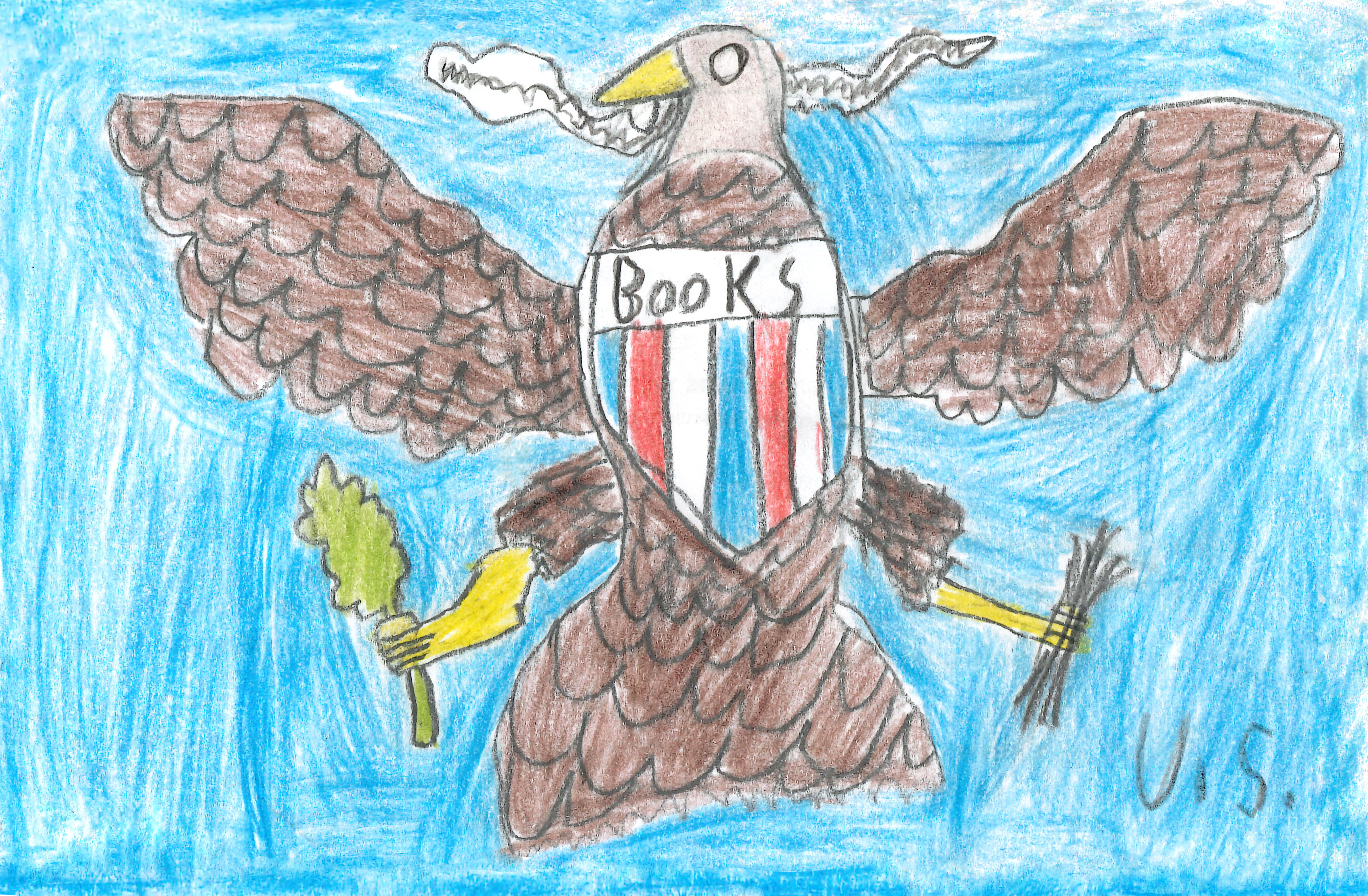 Hand Drawn Eagle with a red white and blue shield that reads 'books'