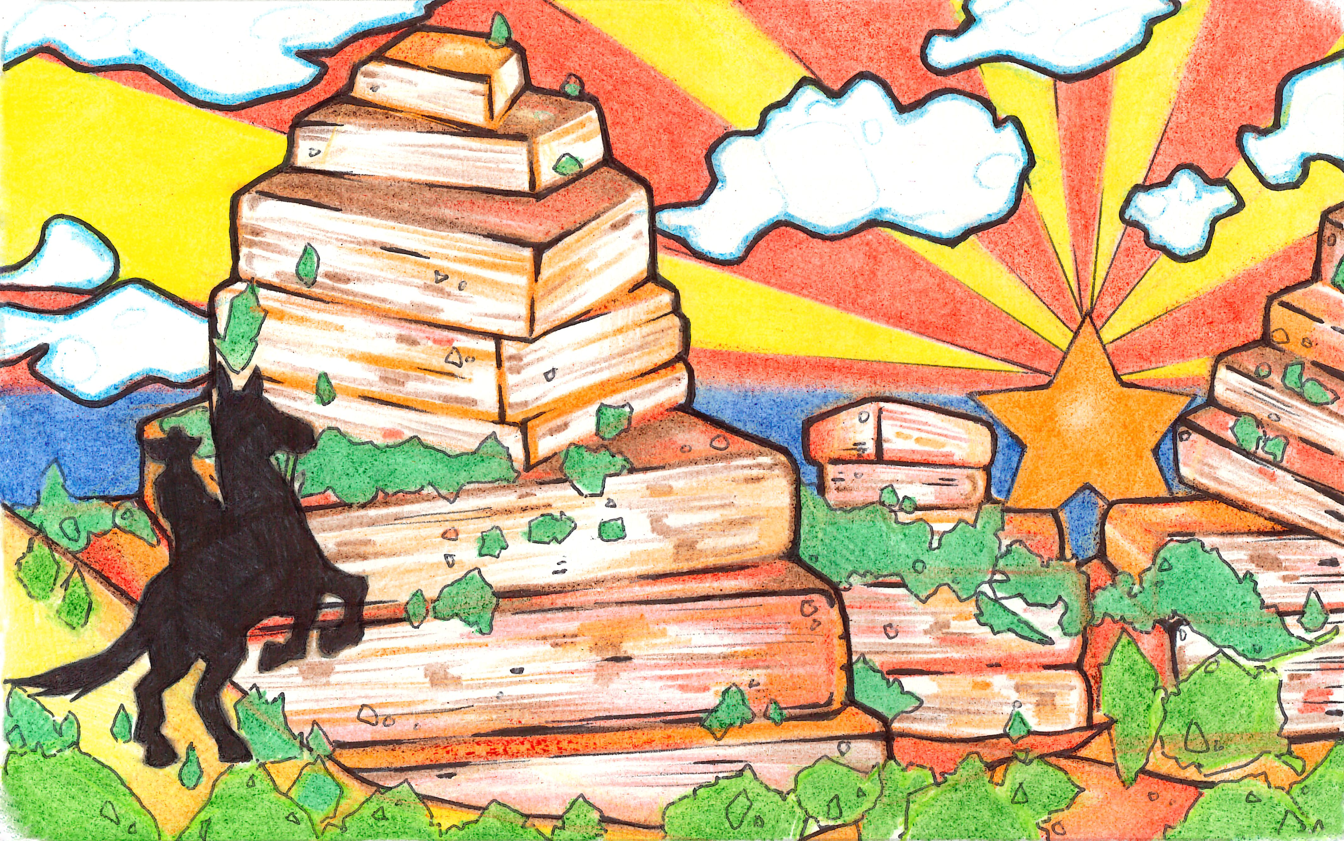 Red rock mountains made of books with the Arizona flag as the backdrop. In the foreground there is a silhouette of a cowboy on a bucking horse