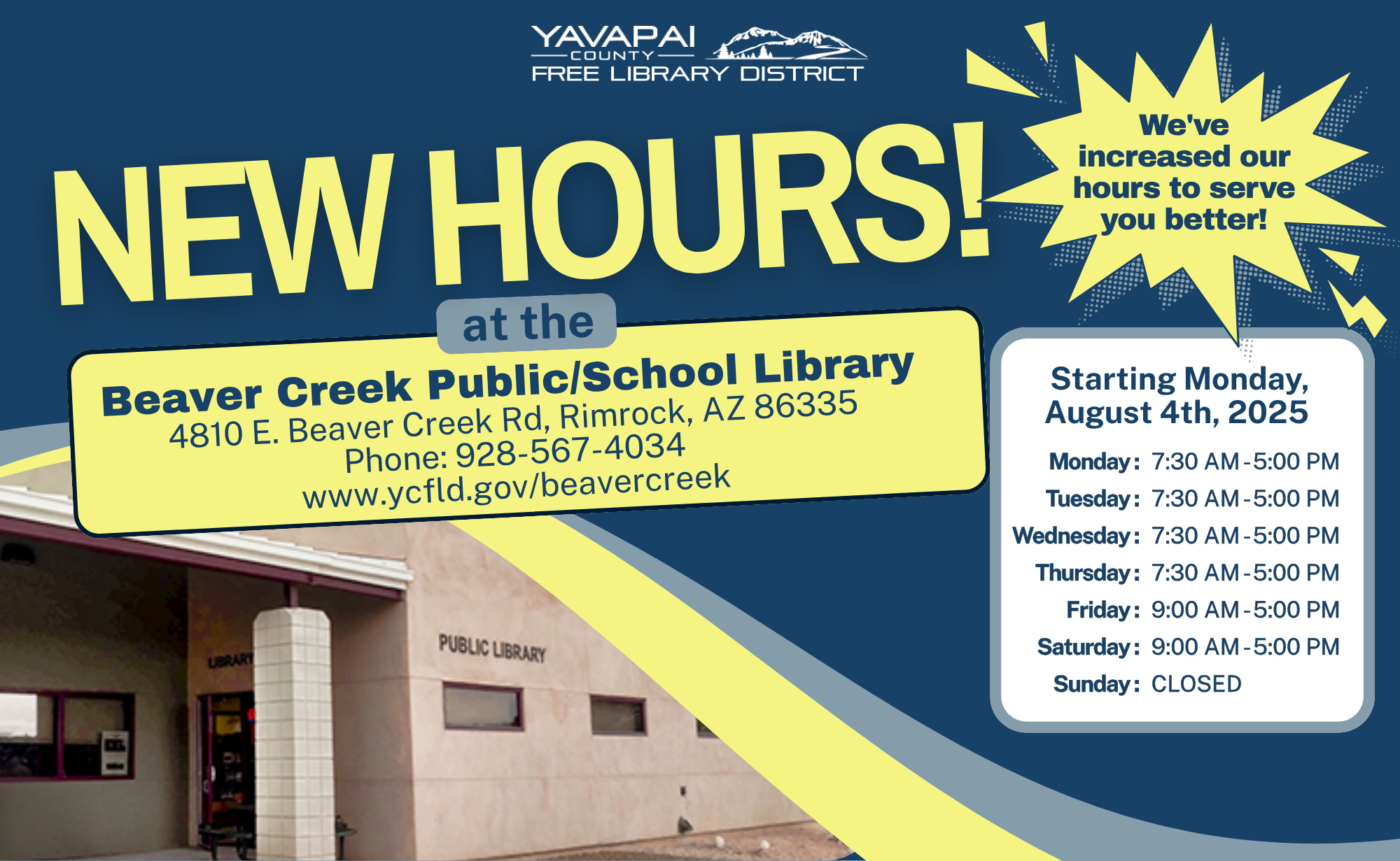Photo of the Beaver Creek Library with description of the new hours