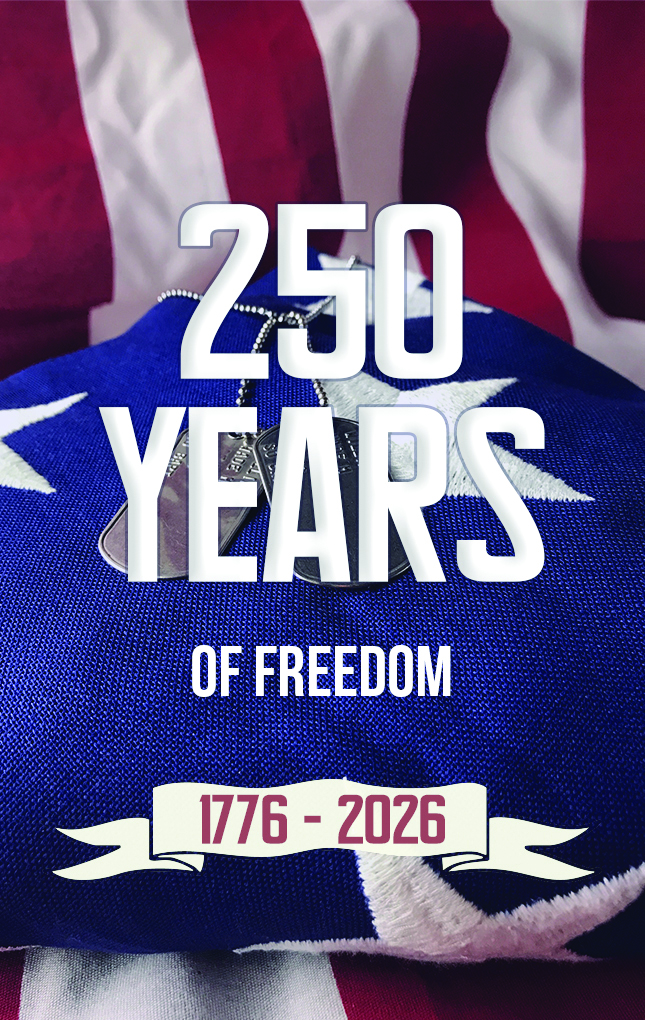 image of military dog tags resting on an American Flag with the text 250 years of freedom 1776-2026