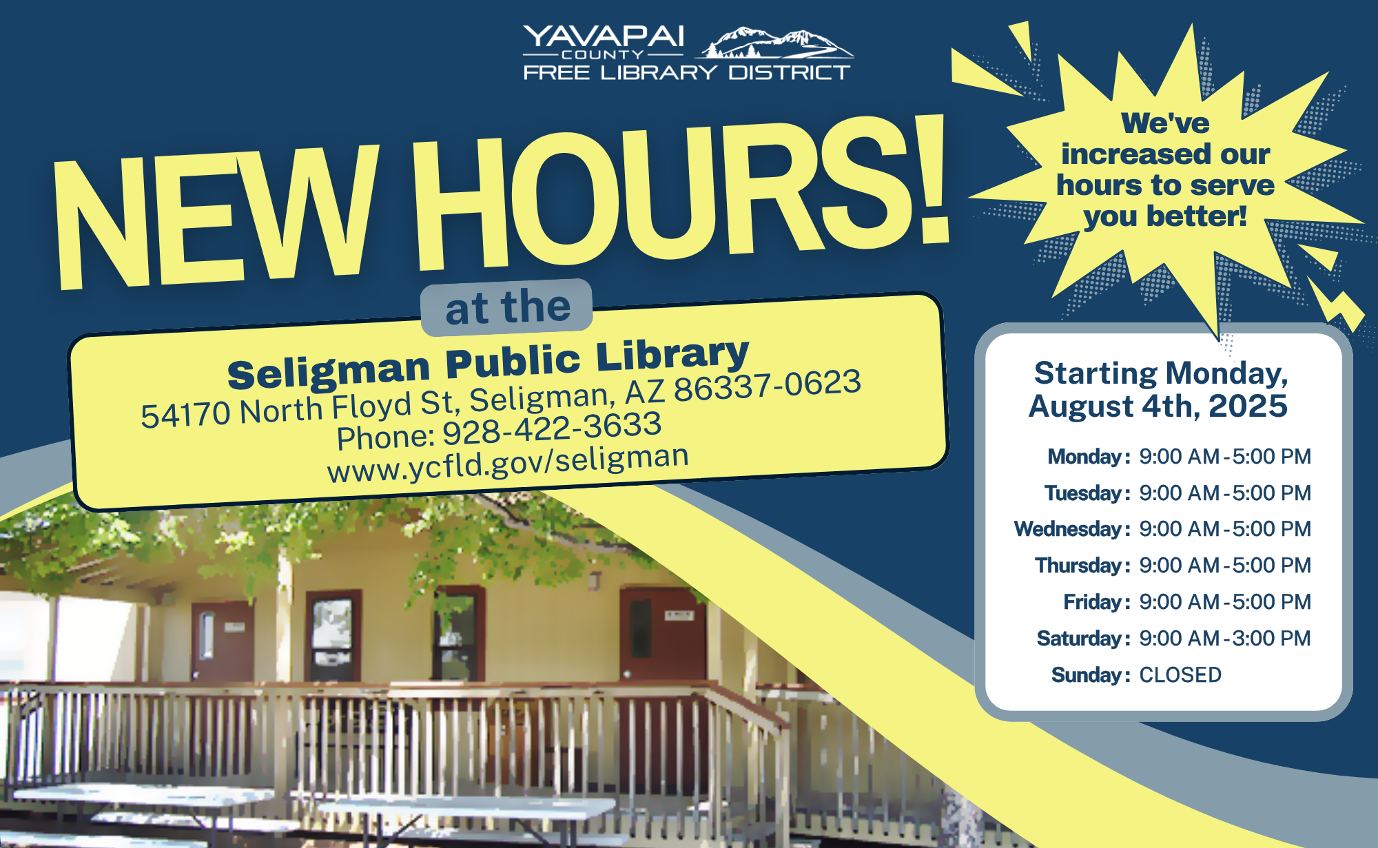 Seligman Library with description of new hours